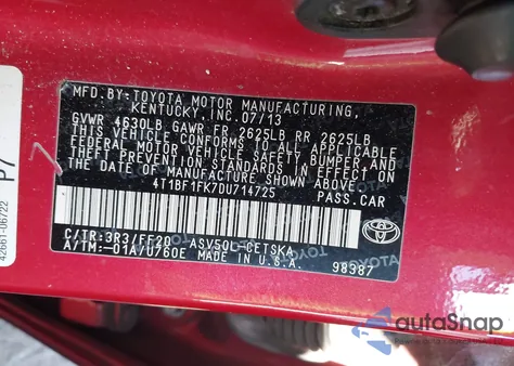 2013 Toyota Camry Se из США, поврежденный, VIN 4T1BF1FK7DU714725